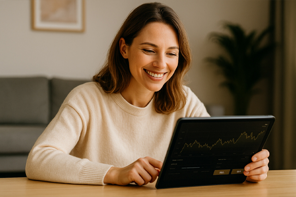 Frau handelt mit Gold in Echtzeit - Defensa Versicherungsmakler GmbH & Co KG